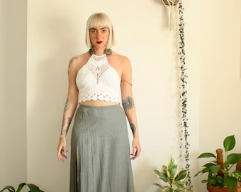 Handmade White 70's Crochet Crop Top. Halterneck. Backless. Festival. Boho Hippie. Adjustable. Summer Style.