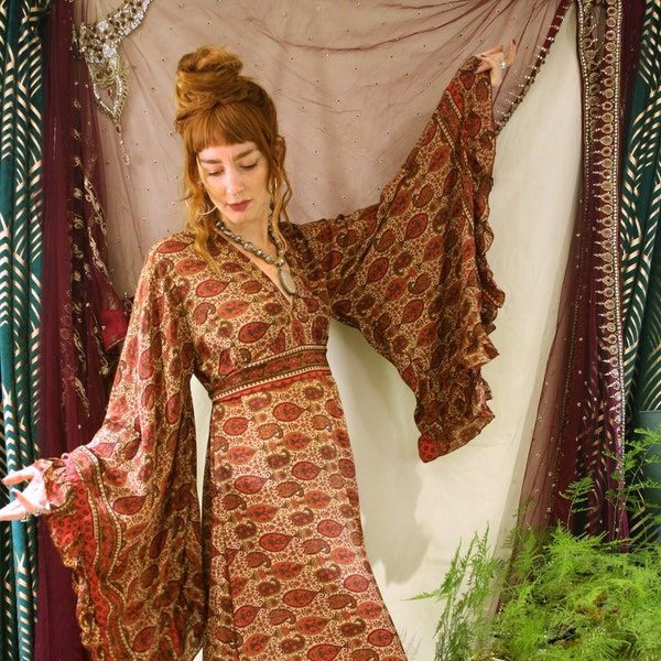 Boho 70's Maxi Silk Flared Sleeve Dress. Party Outfit. Vintage Style. Stevie Nicks Dress. Gift.