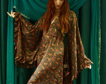 Boho 70's Maxi Silk Flared Sleeve Dress. Party Outfit