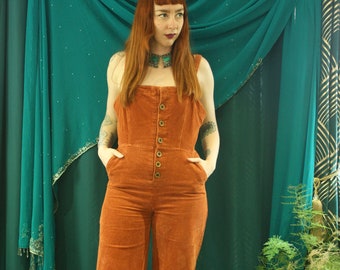 Vintage Cord Tan Jumpsuit. Boho Hippie. 70s Style. Festival Fashion. Wide Leg. Cropped. Corduroy. UK 8/10.
