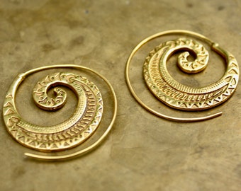 Handmade Gold Spiral Threader Earrings. Gold Plated. Brass. Hoop. Bohemian. Hippie. Ethically Sourced. Aztec. Embossed. Gift. UK. Jewellery