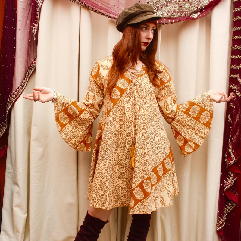 60's Vibrant Yellow Handmade Lace Bell Sleeve Dress main image 0