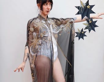 Vintage Style Boho Beaded Statement Floor Length Celestial Cape. Stars and Moons. Wedding Bridal Party. Silver Gold. Black