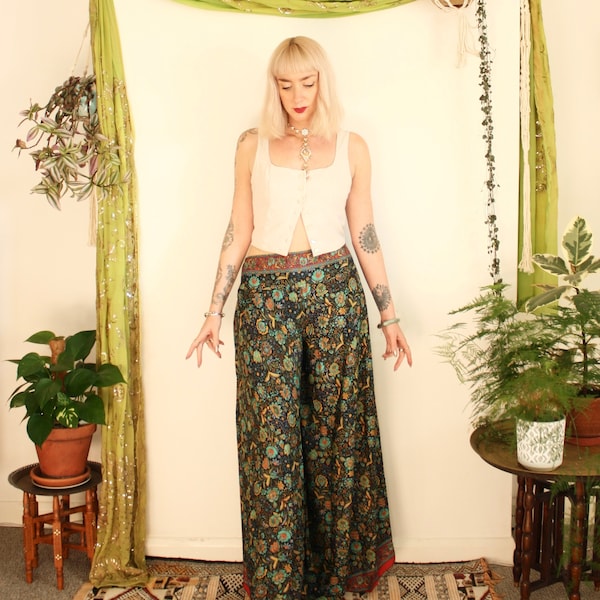 Boho 70's Flared Silk Trousers. High Waisted Bell Bottoms. Wide Leg. Pockets.  S/M/L