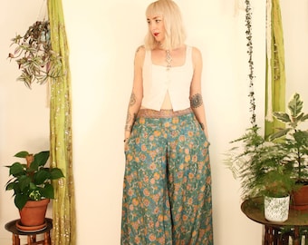 Boho 70's Flared Silk Trousers. High Waisted Bell Bottoms. Wide Leg. Pockets.  S/M/L