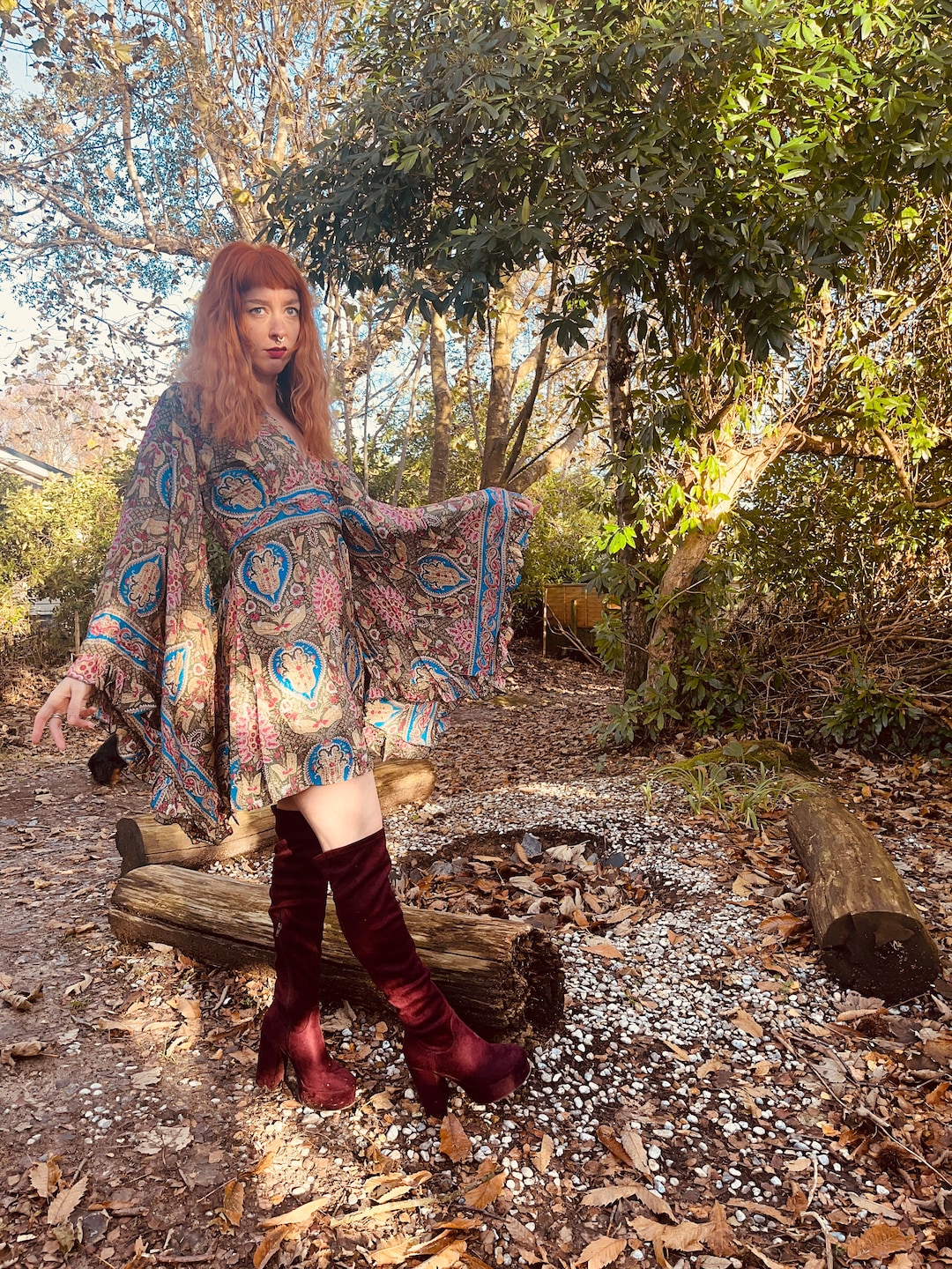 激安挑戦！！ Silk 70's 60's Boho Flared Etsy - Gift. Dress. Nicks Stevie Paisley. Style. Vintage Retro  Outfit. Party Sleeve. Bell Dress. Mini Sleeve スカート