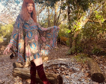 Boho 60's 70's Silk Flared Sleeve Mini Dress. Bell Sleeve. Party Outfit. Retro Vintage Style. Paisley. Stevie Nicks Dress. Gift.