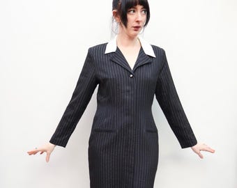 Vintage 80s Black Silver Pinstripe Collared Blazer Style Dress Size 10