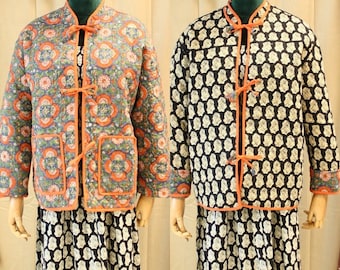 Boho Hippie 70's Style Quilted Cotton Kimono Jacket. Reversible. Indian Block Print Floral. Black Orange. Pockets. Festival. 2 in 1.