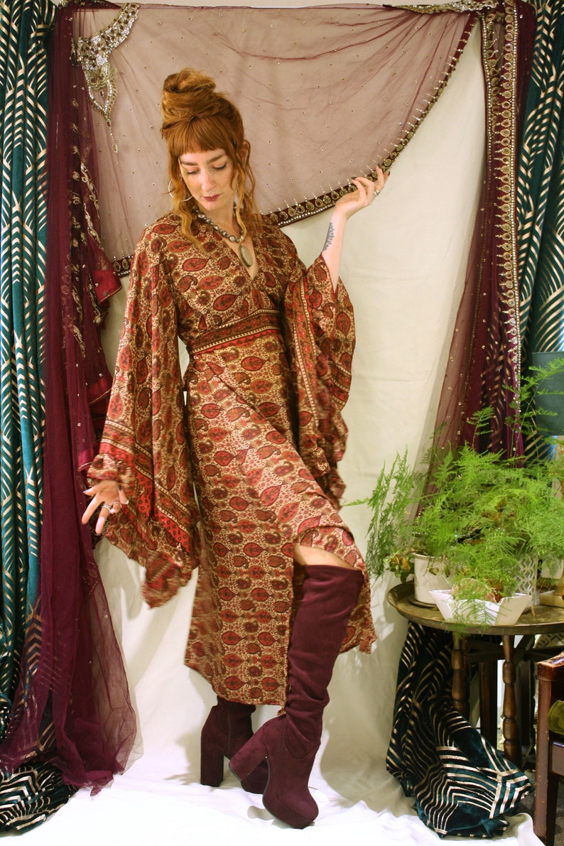 Boho 70's Maxi Silk Flared Sleeve Dress. Party Outfit. Vintage Style. Stevie Nicks Dress. Gift. image 2