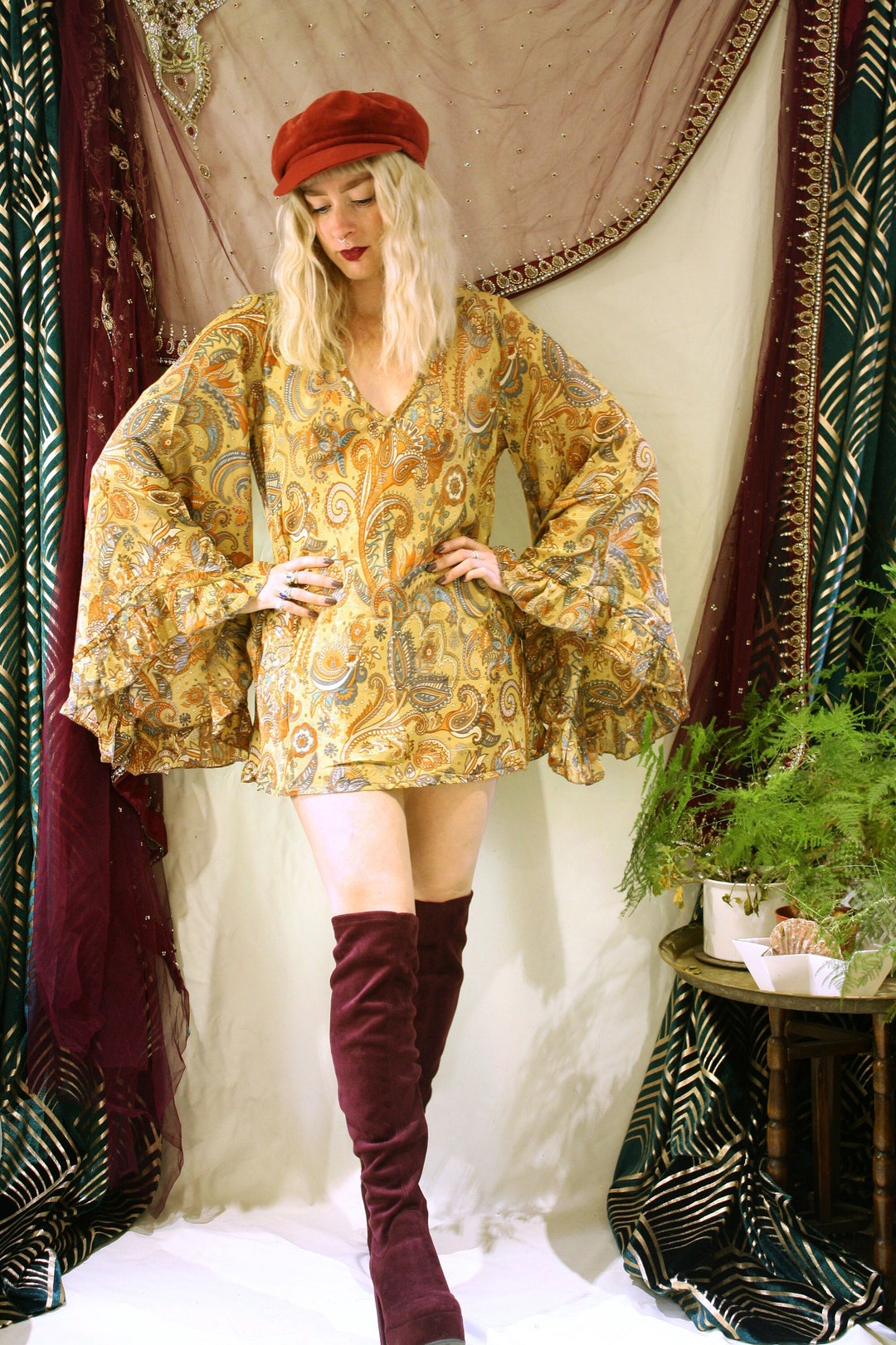 Boho Hippie 60s 70s Silk Mini Dress Flared Bell Sleeves. Bell Sleeves ...