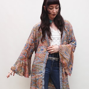 70s Silk Paisley Kimono Robe: Boho Bell Sleeve Festival Duster