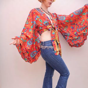 Upcycled Sari Silk Bell Sleeve Blouse – Retro Boho Flared Wrap Top