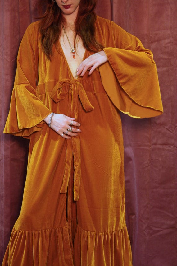 Bohemian Velvet Flared Sleeve Kimono Wrap Dress. 70s Style