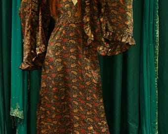 Boho 70's Maxi Silk Flared Sleeve Dress. Party Outfit
