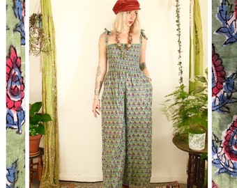 Boho 70's Block Print Cotton Wide Leg Jumpsuit. Pockets. Dungarees. Paisley. S/M/L