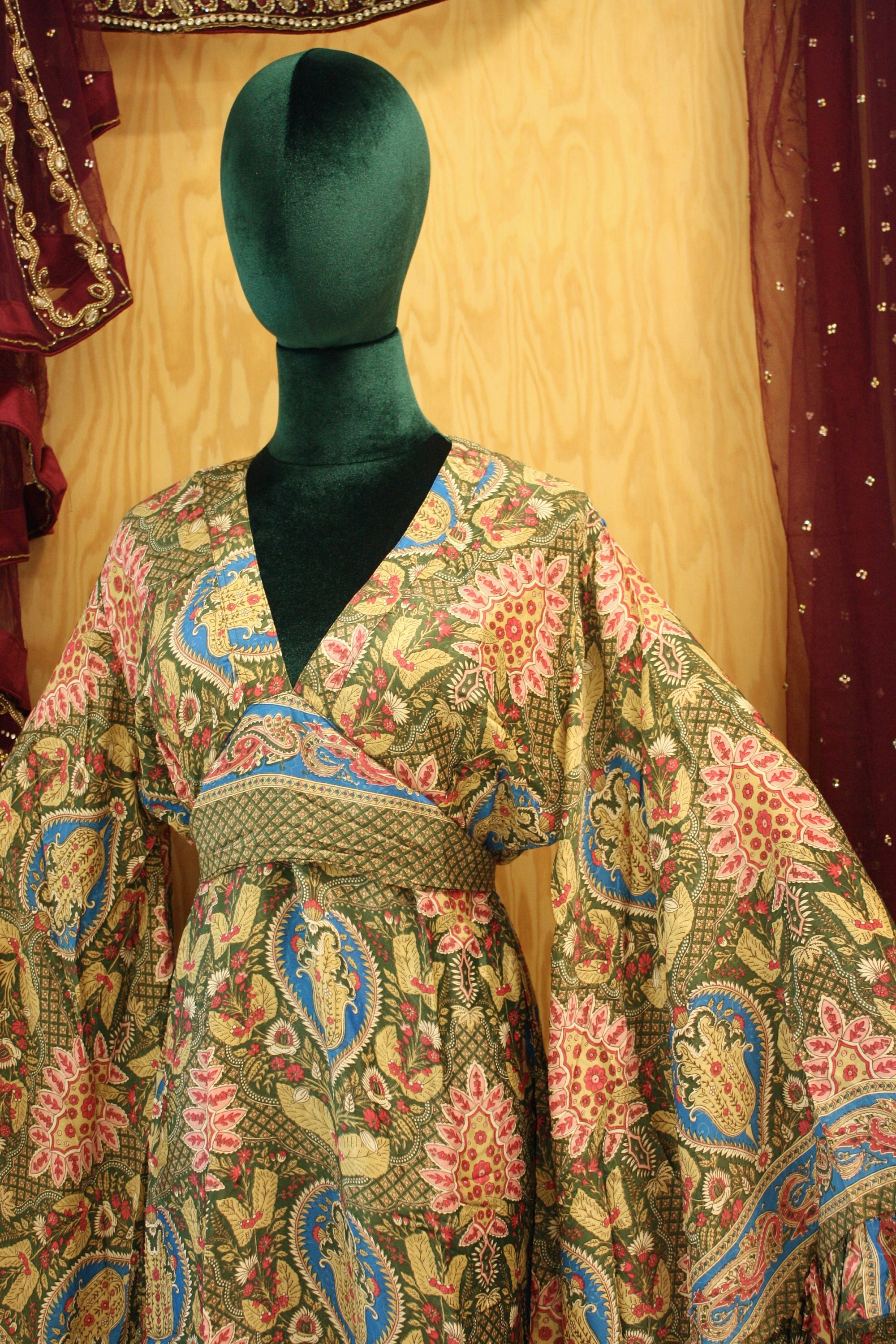 Boho 60's 70's Silk Flared Sleeve Mini Dress. Bell Sleeve