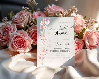 Può includere: Un invito a un bridal shower con un design floreale ad acquerello rosa. L'invito è per Faith Smith ed è previsto per il 23 maggio 2025 alle 16:00 presso la Wellens Ballroom. L'indirizzo è 5699 Ene Way, Markhams, Ontario. Si prega di confermare la propria presenza entro il 20 aprile a Mary 123-231-2233.