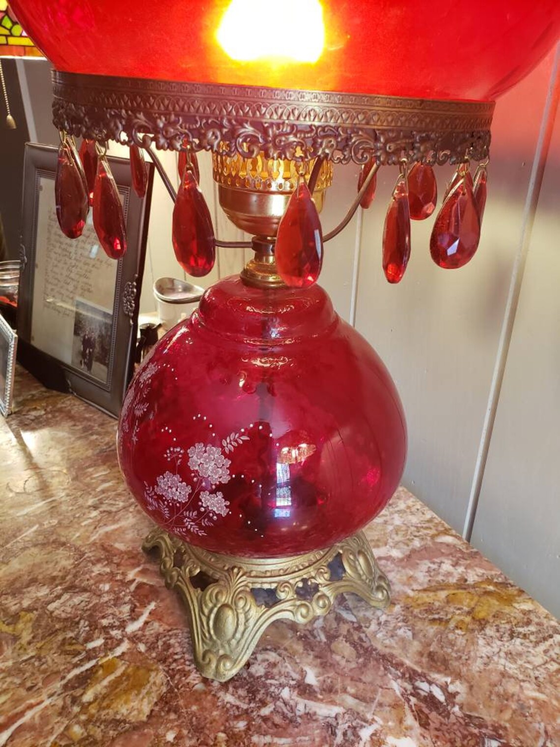Antique Ruby Red Parlor Lamp With Lusters Etsy