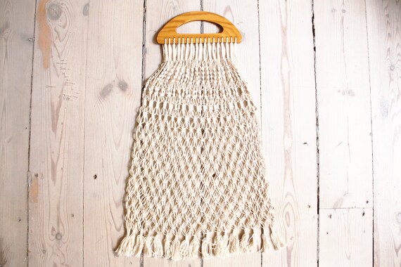 Vintage ’70s Macrame Bag. Macrame Shopper Wooden H