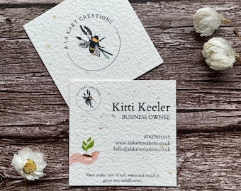 May include: A white business card with black text and a bee logo. The text reads "A La Kart Creations", "Kitti Keeler", "Business Owner", "07427631015", "www.alakartcreations.co.uk", "hello@alakartcreations.co.uk", "Plant under 1cm of soil, water and watch it grow into wildflowers."