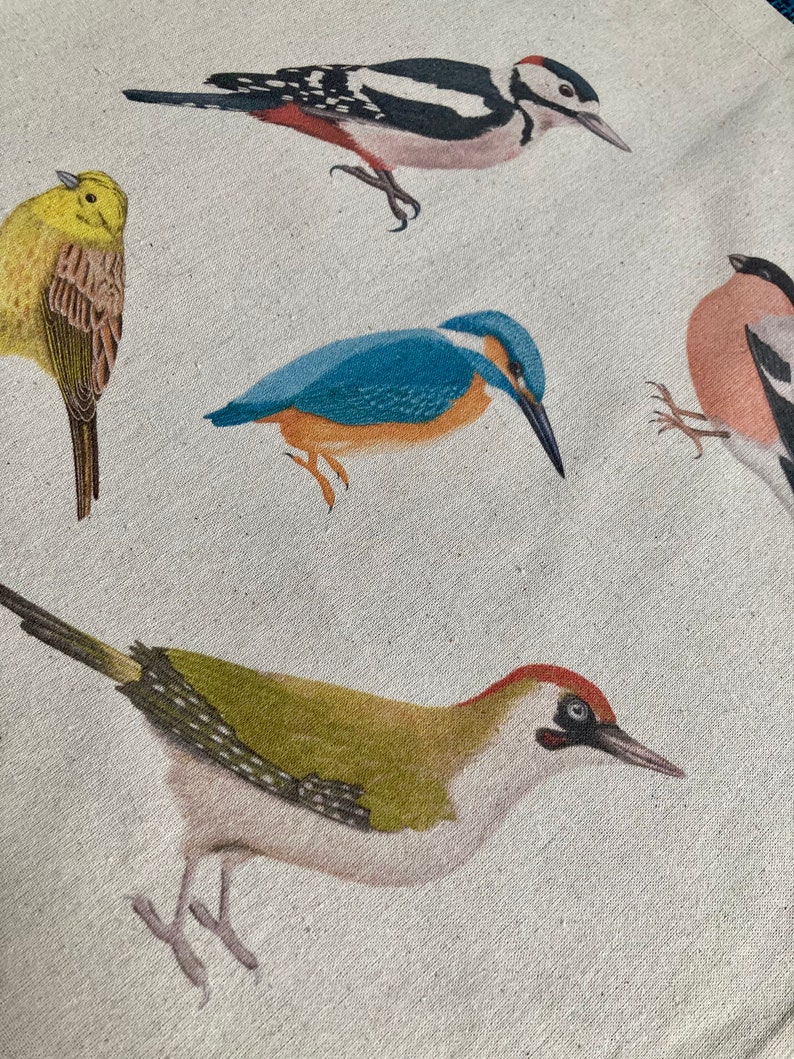 Puede incluir: Primer plano de una tela con un patr&oacute;n de cinco p&aacute;jaros diferentes. Los p&aacute;jaros son un pinz&oacute;n amarillo, un p&aacute;jaro carpintero verde, un mart&iacute;n pescador azul, un p&aacute;jaro carpintero blanco y negro y un p&aacute;jaro rosa y negro. La tela es de color beige claro.