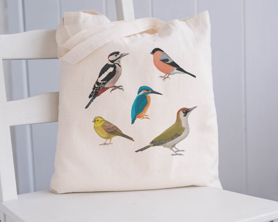 Baumwolltasche mit Vogel Illustration, Jutebeutel Natur, Geschenk für Naturliebhaber