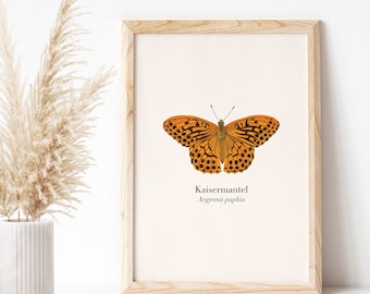 Póster de mariposa con ilustración del manto imperial (Argynnis paphia), decoración de pared amantes de la naturaleza