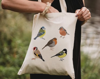 Katoenen tas met vogels, jute tas met natuurmotief, cadeau voor natuurliefhebbers