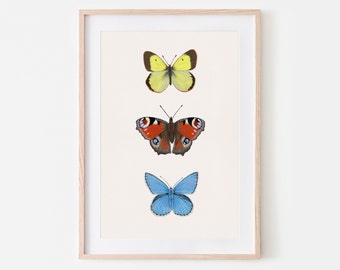 Butterfly poster for children's room, nature art print with three colorful butterflies