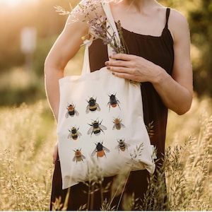 Jutebeutel Hummeln, bedruckte Stofftasche aus organischer Baumwolle mit langen Henkeln, Geschenkidee Naturliebhaber, hochwertig & langlebig
