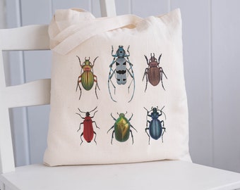 Cotton bag with beetle print, tote bag with insect design, gift for nature lovers