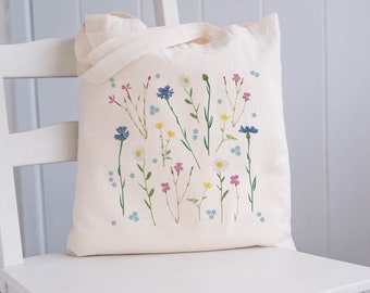 Jute bag flowers, cotton bag with wildflower print, gift for nature lovers