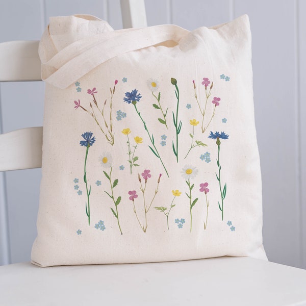 Bolsa de yute flores, bolsa de algodón con estampado de flores silvestres, regalo para amantes de la naturaleza