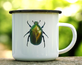 Enamel cup beetle design, camping cup rose beetle, gift for nature lovers