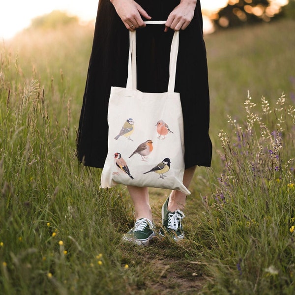 Baumwolltasche Vögel, Jutebeutel Natur, Geschenk für Naturliebhaber