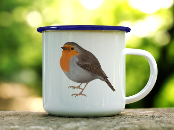 Etsy Mug With Gift, Illustration, Enamel - Nature Robin Lovers Gift Camping