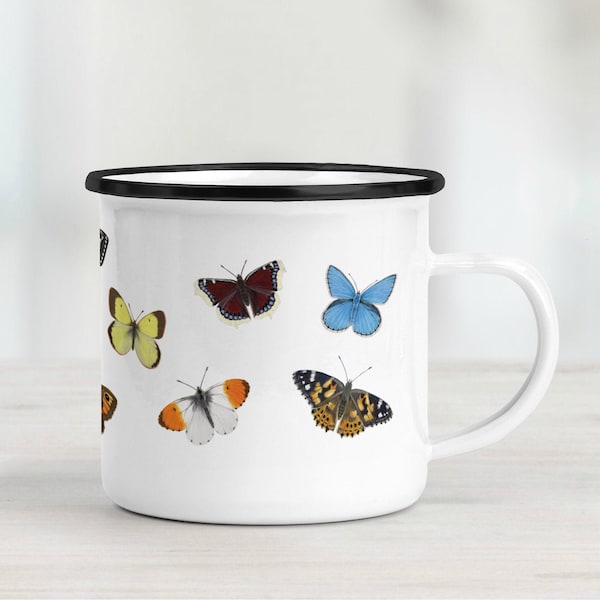 Emaille Tasse mit Schmetterling Print, Camping Tasse Insektendesign, Geschenk Campervan, Camping Zubehör, Tasse Naturliebhaber