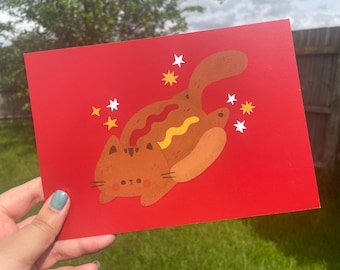 Cute Hot Cat A5 Print, Kawaii Cat Art Print, Hot Dog Poster