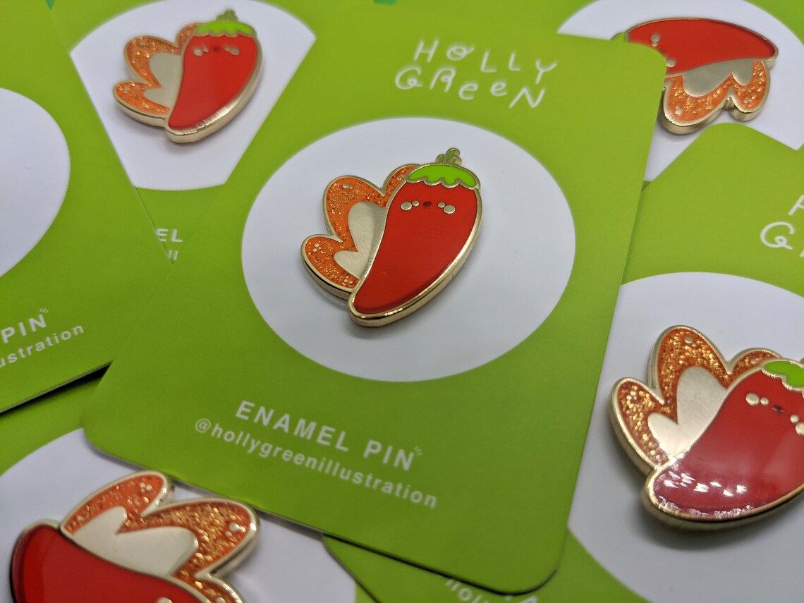Cute Chilli Pin With Glitter Fire, Kawaii Hot and Spicy Glitter Badge ...