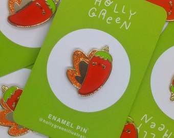 Cute Chilli Pin with Glitter Fire, Kawaii Hot and Spicy Glitter Badge, Chilli Pepper Fire Pin Badge