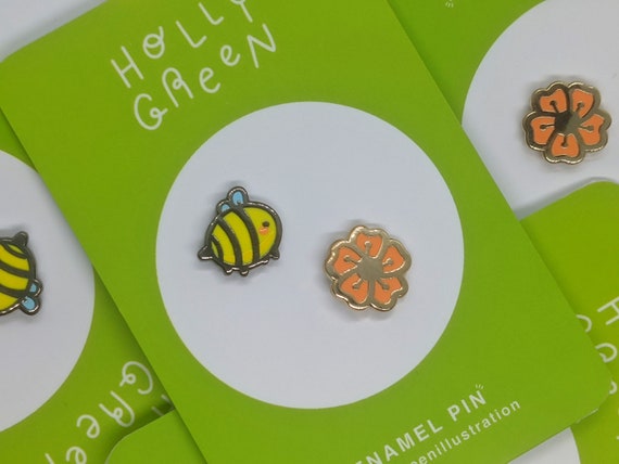Cute Bee and Flower Pin Set, Kawaii Bee and Sakura Badges, Two-Pin Set