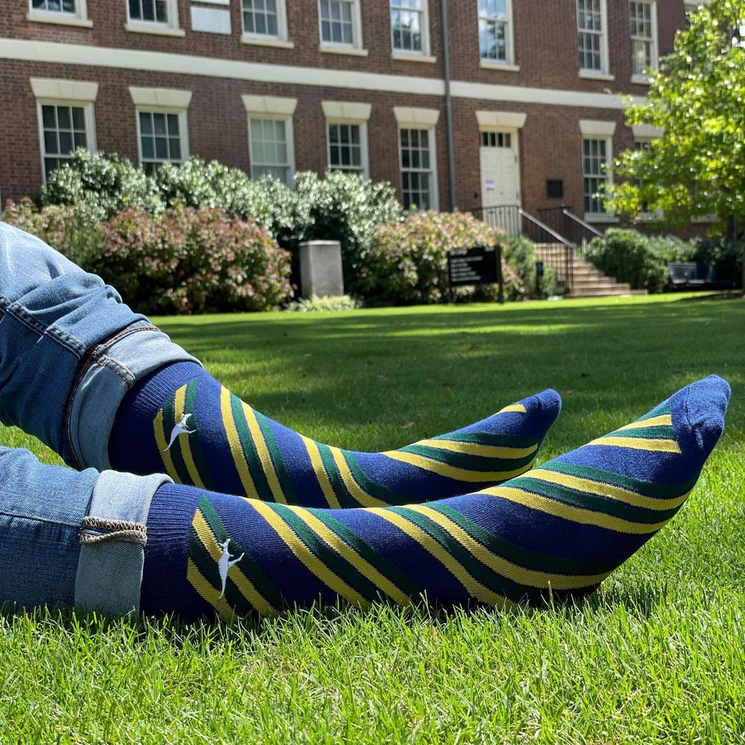 Navy Dress Sock With Sage and Gold Stripes Blue, Green, and Yellow