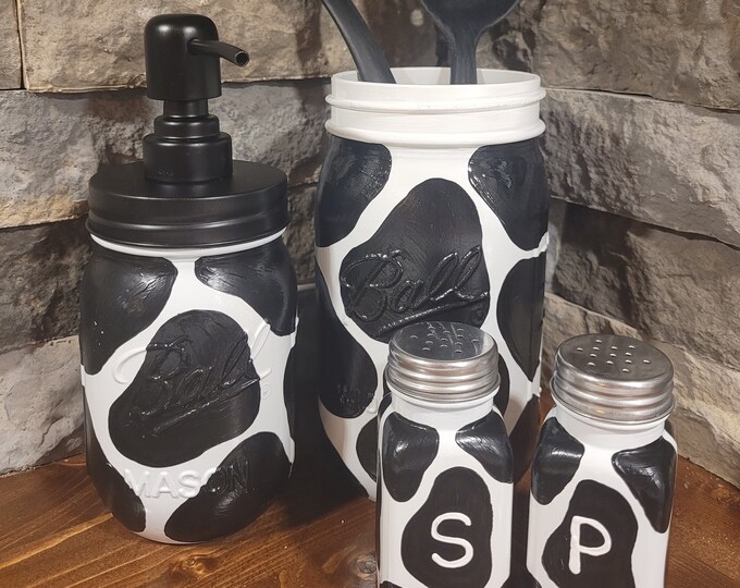 Handpainted Cow Print Kitchen Set, Rustic Farmhouse Soap Dispenser