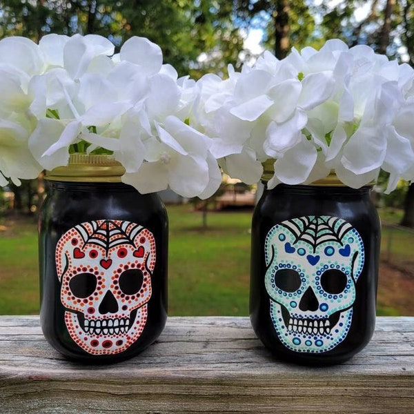 Hand-painted sugar skull dot art mason jar home Halloween décor, spooky season Day of the Dead handmade fall party favor teacher gift