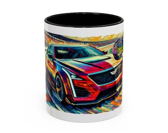 Mok met kleuraccent - Cadillac CTS op een racebaan in fauvistische stijl, cadeau voor autoliefhebbers, koffiemok, theemok, unieke keukendecoratie, kantoormok.