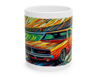 Vintage Dodge Charger R/T mok: keramische koffiekop in fauvistische stijl