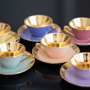 Villeroy & Boch Colorful Tea Cups and Saucers Multicolor Gold Gilded Tea Set of 6 Retro 1950s