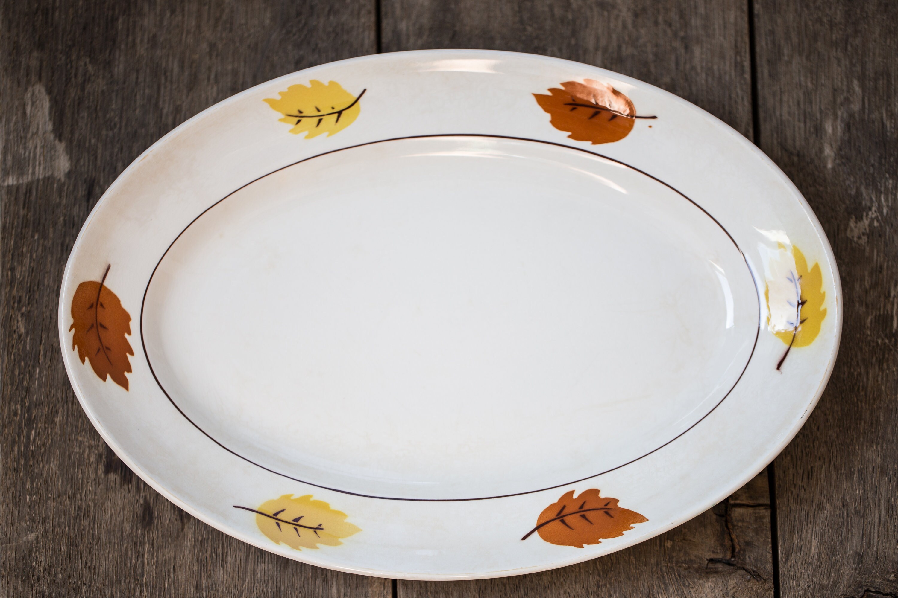 Plateau Antique Français Ovale Assiette de Service Pochoir Feuilles d'automne Années 1930