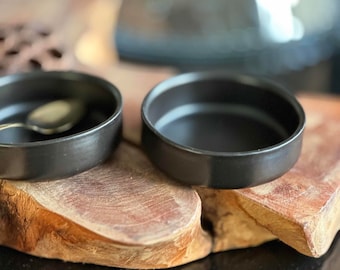 Set of 2 Black Glazed Ceramic Ramekins Dishes Crème Brûlée Tapas Vintage French Cermer Pottery